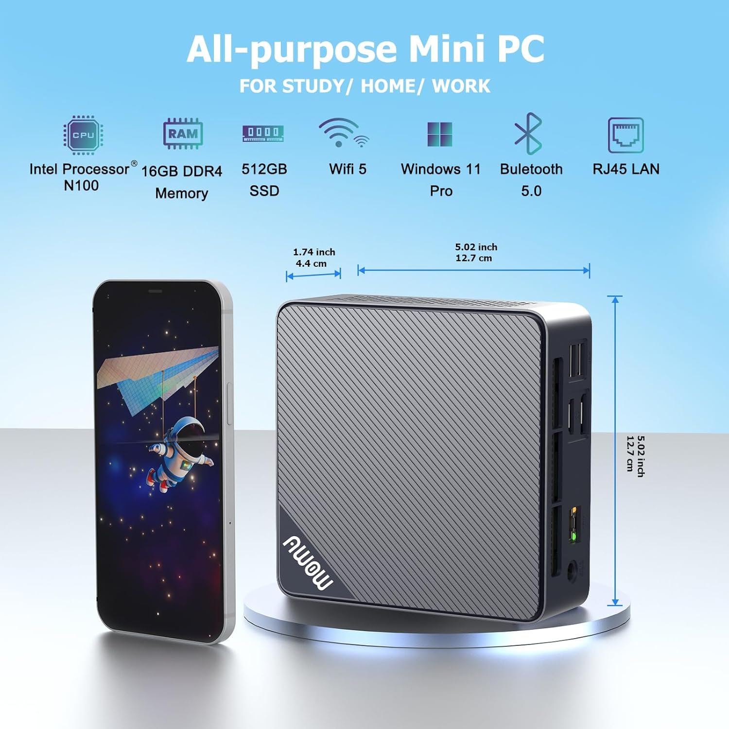 Мини ПК AWOW AK10 Pro / Intel N100 / RAM 16GB / SSD 512GB / HDMI / LAN / Wi-Fi 5 / Bluetooth 5.0 / Windows 11 / Blue, фото №3