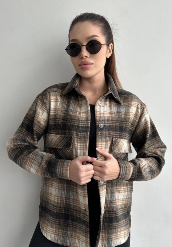 Женская теплая хлопковая рубашка в клетку GDF840 цвет коричневый размер 48/52, фото №2