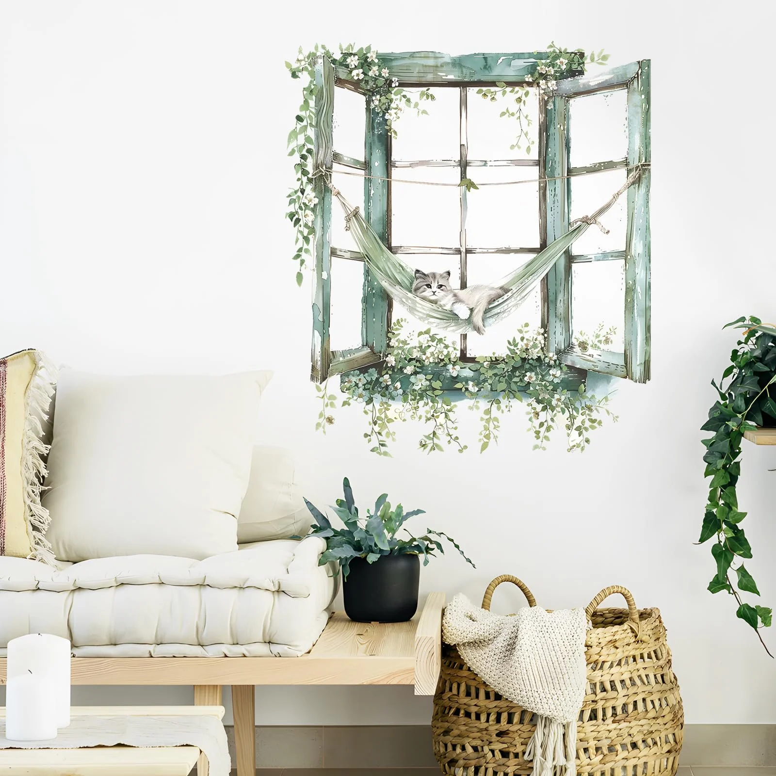 Наклейка на стіну Supzone Cat Green Flower Window 50 x 57 см, фото №2