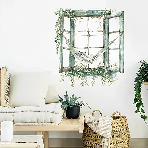 Наклейка на стіну Supzone Cat Green Flower Window 50 x 57 см synthetic.ua - Фото 1