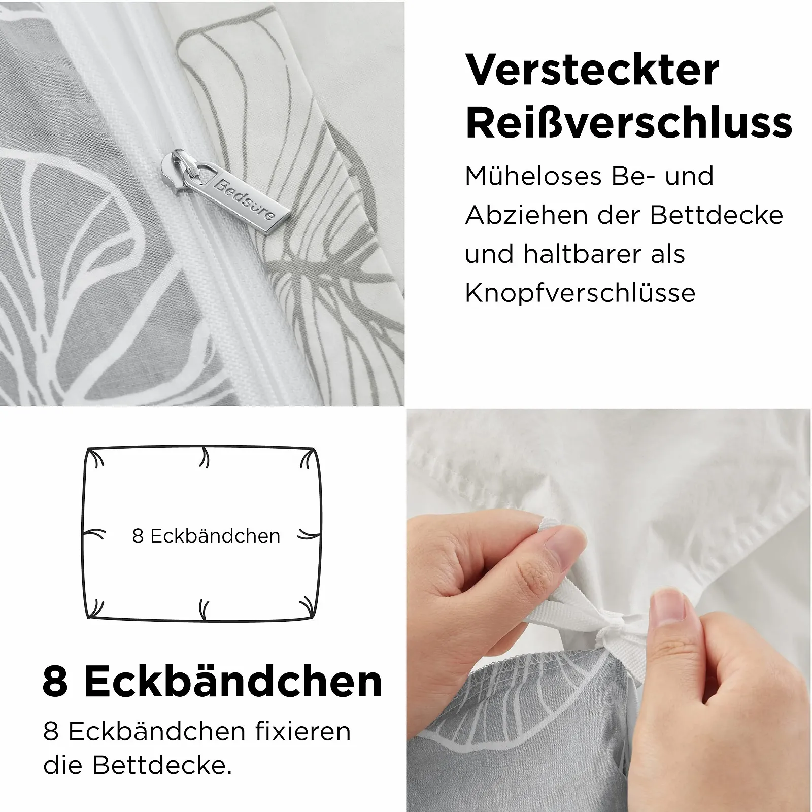 Постільна білизна BEDSURE Ginkgo бавовна 4 предмети 135 x 200 см Сірий, фото №5