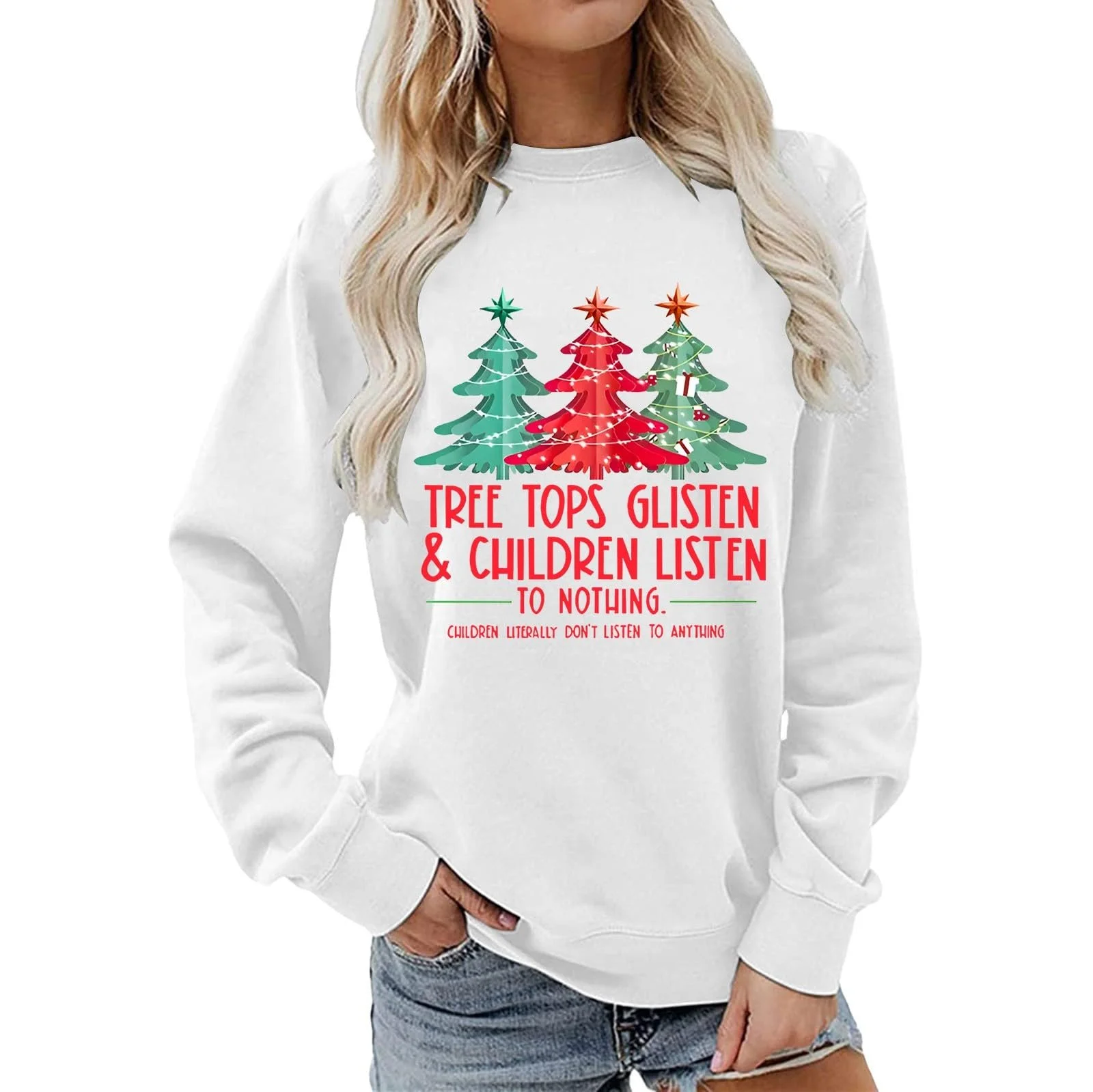 Женский свитшот с принтом Однотонный Рождественский свитшот для женщин Ёлочные вершины блестящие, фото №2