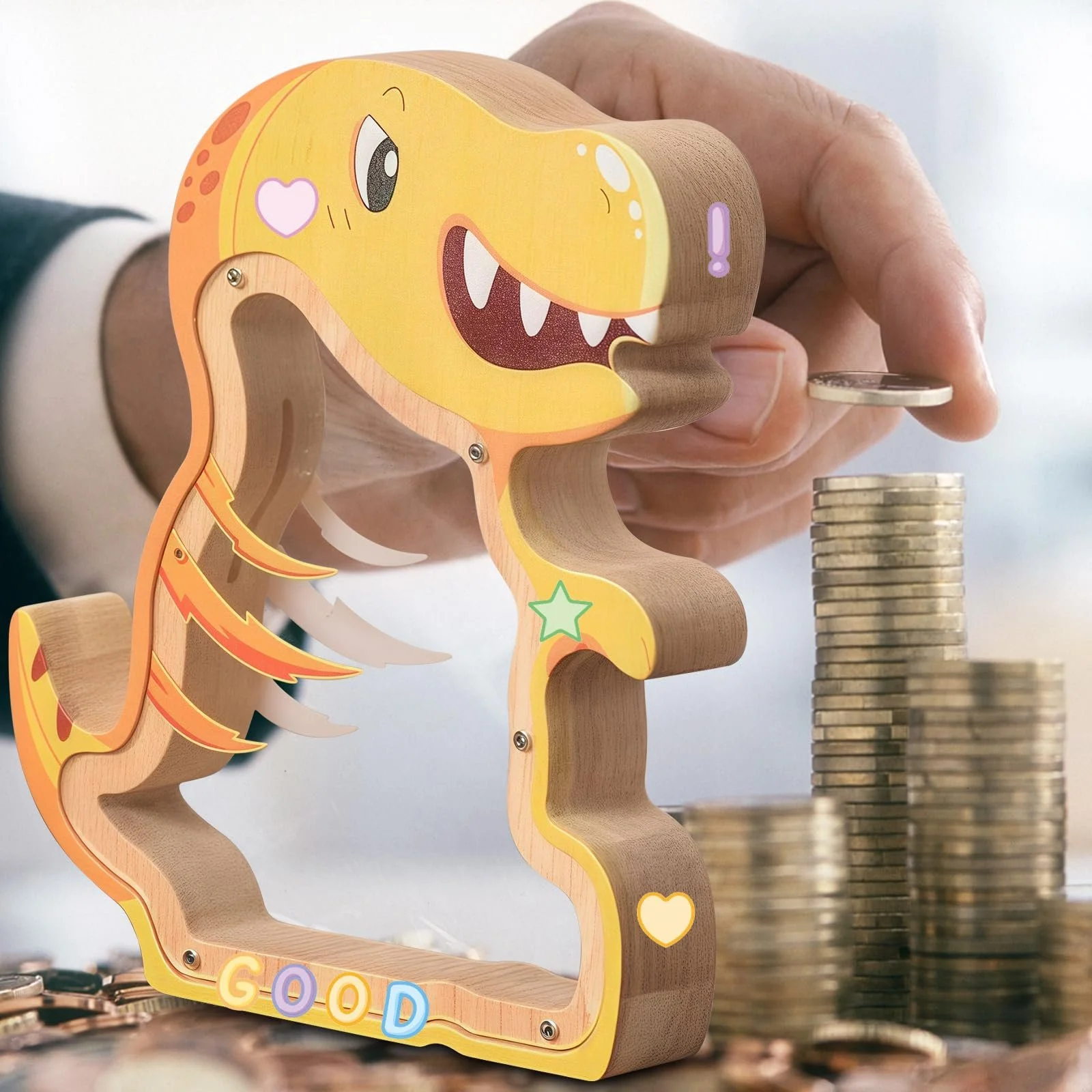 Скарбничка дерев'яна дитяча Динозавр із прозорим вікном та наклейками-літерами DIY, фото №3