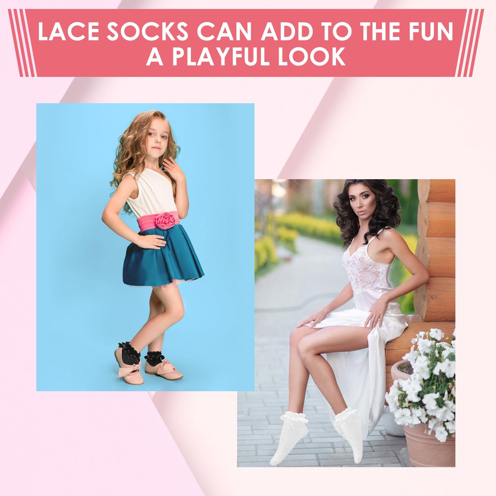 Шкарпетки з мереживними оборками 2 пари Бавовняні шкарпетки з оборками та стрічковою обробкою для жінок, фото №5