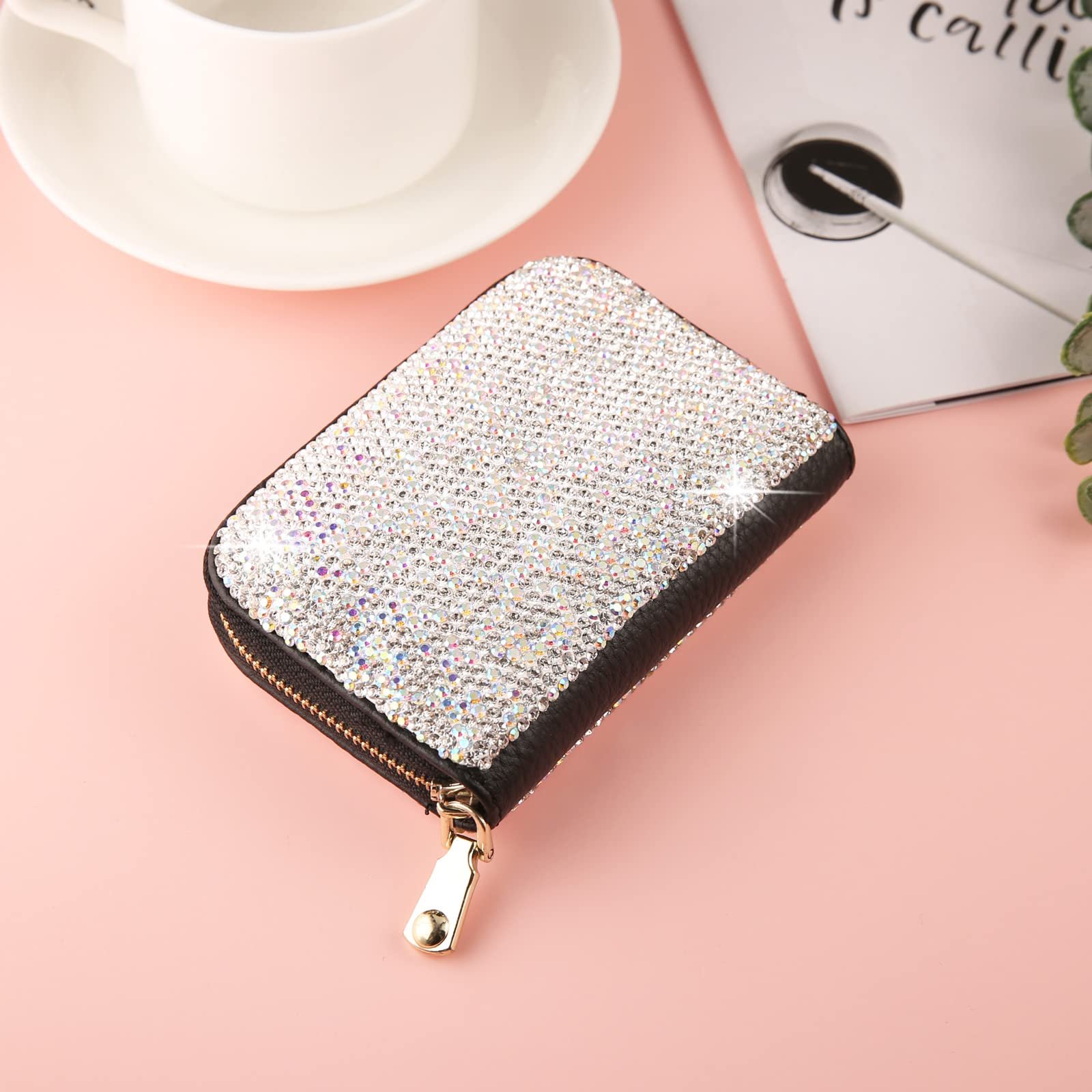 Картхолдер AsAlways Rhinestone для кредитных карт для женщин, с RFID-защитой, тонкий кожаный кошелек на молнии, серебристый, Modern, серебристый, фото №3