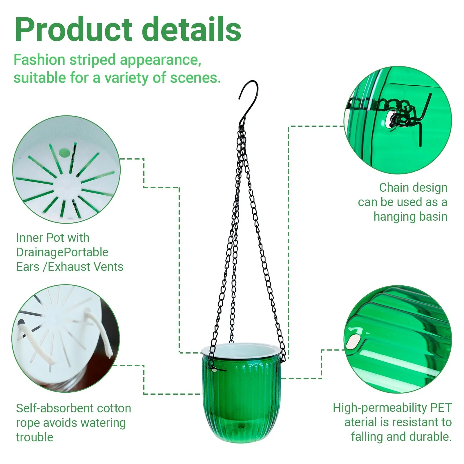 Подвесной вазон для цветов Pack of 2 с дренажным отверстием, металлической цепью и S-образными крючками Прозрачный зеленый, фото №3