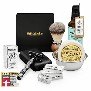 Набор для бритья Störtebekker Premium Clean Т-образная бритва, кожаный чехол, 10 лезвий, помазок, мыло, чаша, квасцовый камень, масло Черный - Фото 1