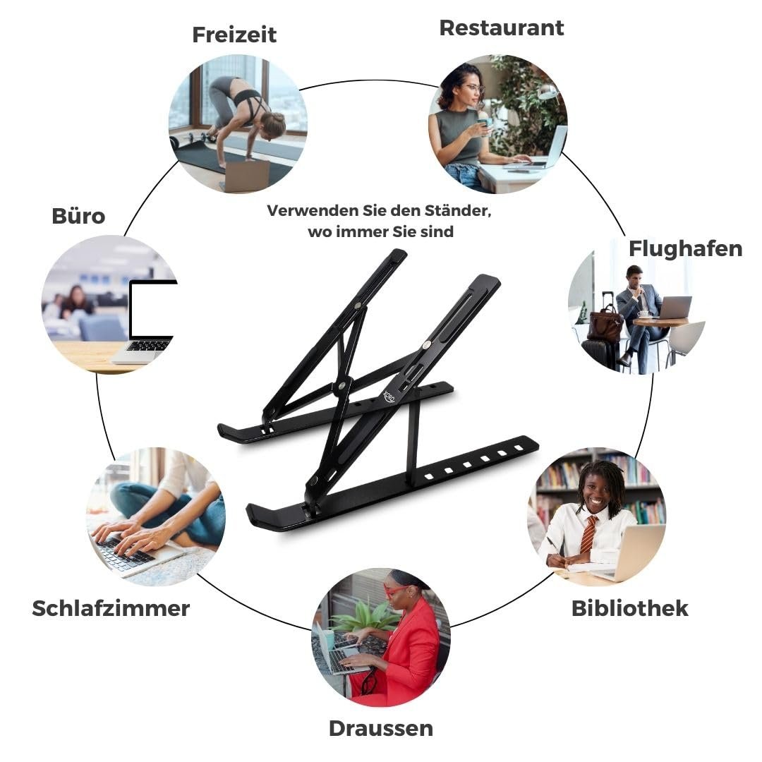 Функциональная Подставка для Ноутбука MacBook Pro/Air, HP, Sony, Dell & Все 10 - 15.6 Дюймовые Ноутбуки & Планшетные ПК, Многоуровневая Регулируемая Высота, Вентилируемая Открытая Алюминиевая Рама, Складная, Защитный Чехол, Черная, фото №7