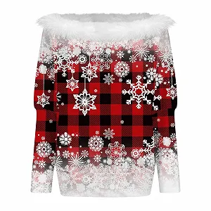 Женская толстовка с открытыми плечами, длинными рукавами, большого размера, с милым принтом елки и снежинок synthetic.ua - Фото 1