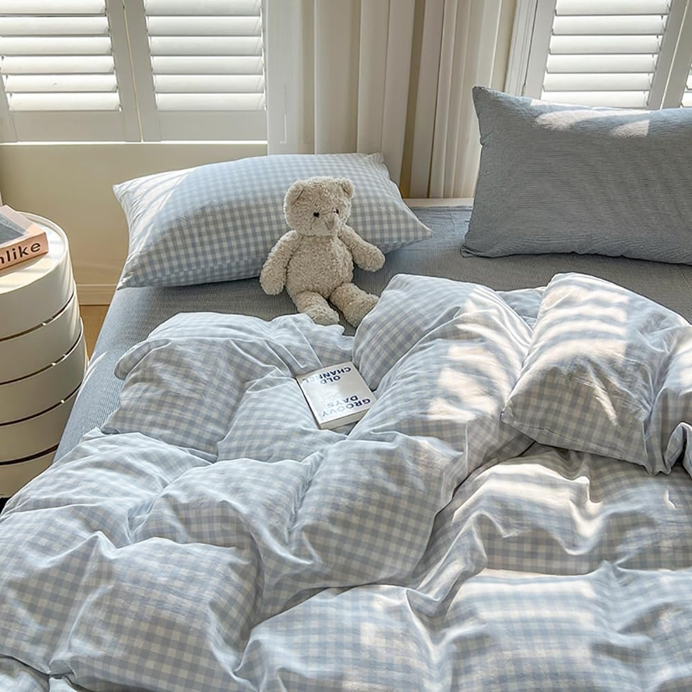 Постільна білизна Covebett 135 x 200 см, синьо-біла, в клітинку, сучасний комплект підодіяльника в стилі заміського будинку, геометричний картатий візерунок, з мікрофібри, праний, підодіяльник і наволочка 80 x 80 см на блискавці, фото №7
