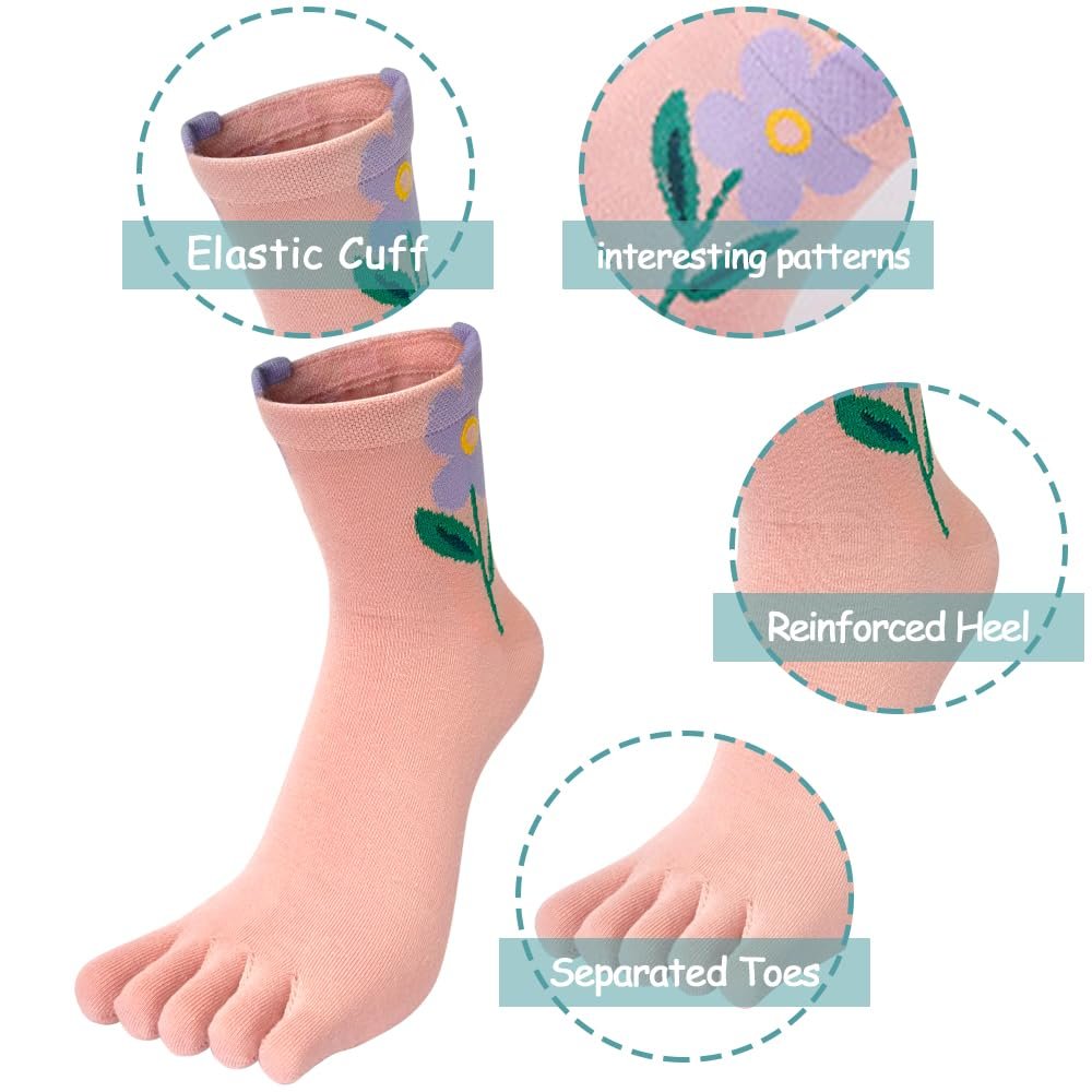 Носки с пальцами Женские хлопковые носки с пятью пальцами Носки с 5 пальцами Милые носки с новым анималистическим узором Разноцветные спортивные носки для бега - 5 пар, фото №7