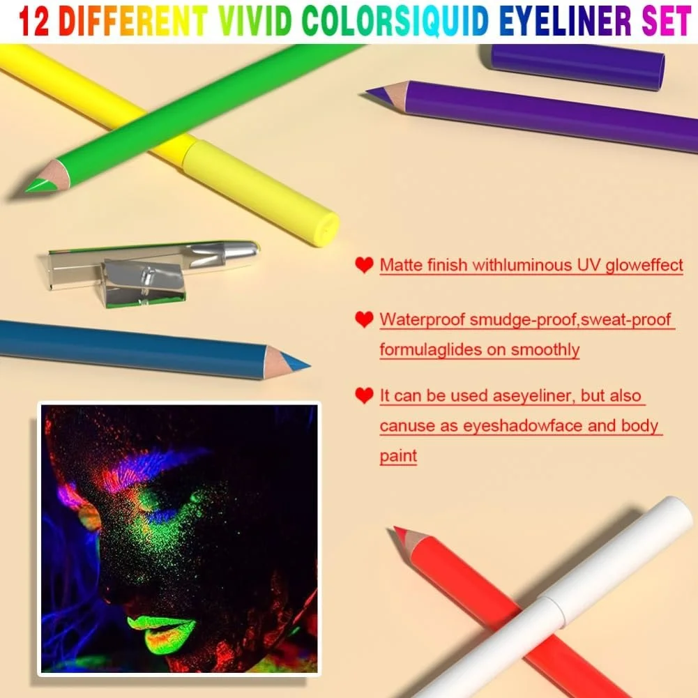 Карандаш Ofanyia UV Glow Neon, 12 цветов, матовая, цветная, Водостойкий, долговечная, радужная, для макияжа глаз, для женщин и девушек (UV Glow Set), фото №5