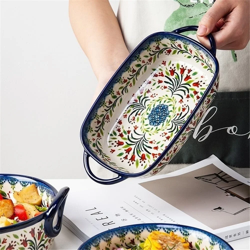 Форма для запекания керамическая с ручкой ретро большой емкости, фото №3