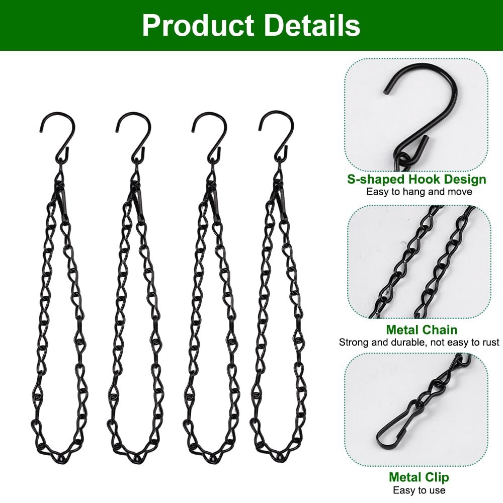 Ланцюги для підвісних кошиків 4 шт. Металеві 50 см з гачками та карабінами Чорні, фото №4 Ланцюги для підвісних кошиків 4 шт. Металеві 50 см з гачками та карабінами Чорні, фото №4