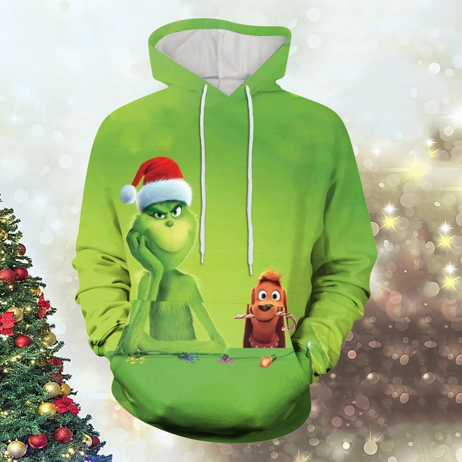 Женское худи BHXUTK Рождественское Зеленое Худи с кулиской Уродливый 3D Смешной принт Длинный рукав Пуловер Толстовка с капюшоном Зимние большие топы Праздничное худи Уличная куртка, фото №2