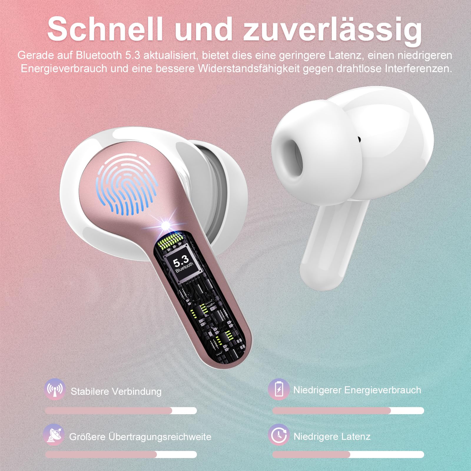 Наушники Bluetooth Вкладыши 5.3 ENC Шумоподавляющие Микрофоны HiFi Стерео Глубокий бас 40 часов Воспроизведение Светодиодный дисплей IP7 Сенсорное управление Розовое золото, фото №3
