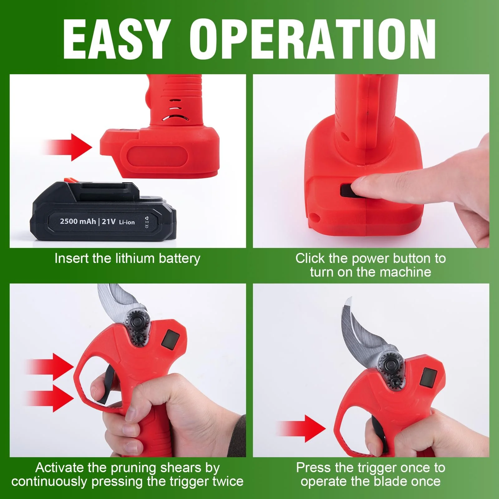 Секатор акумуляторний CHANGEMOORE 21 V з 2 акумуляторами 2,5 А·год, зарядним пристроєм, 8 годинами роботи, штанговий сучкоріз 28 мм з РК-дисплеєм, для саду, гілок і фруктових садів, фото №5