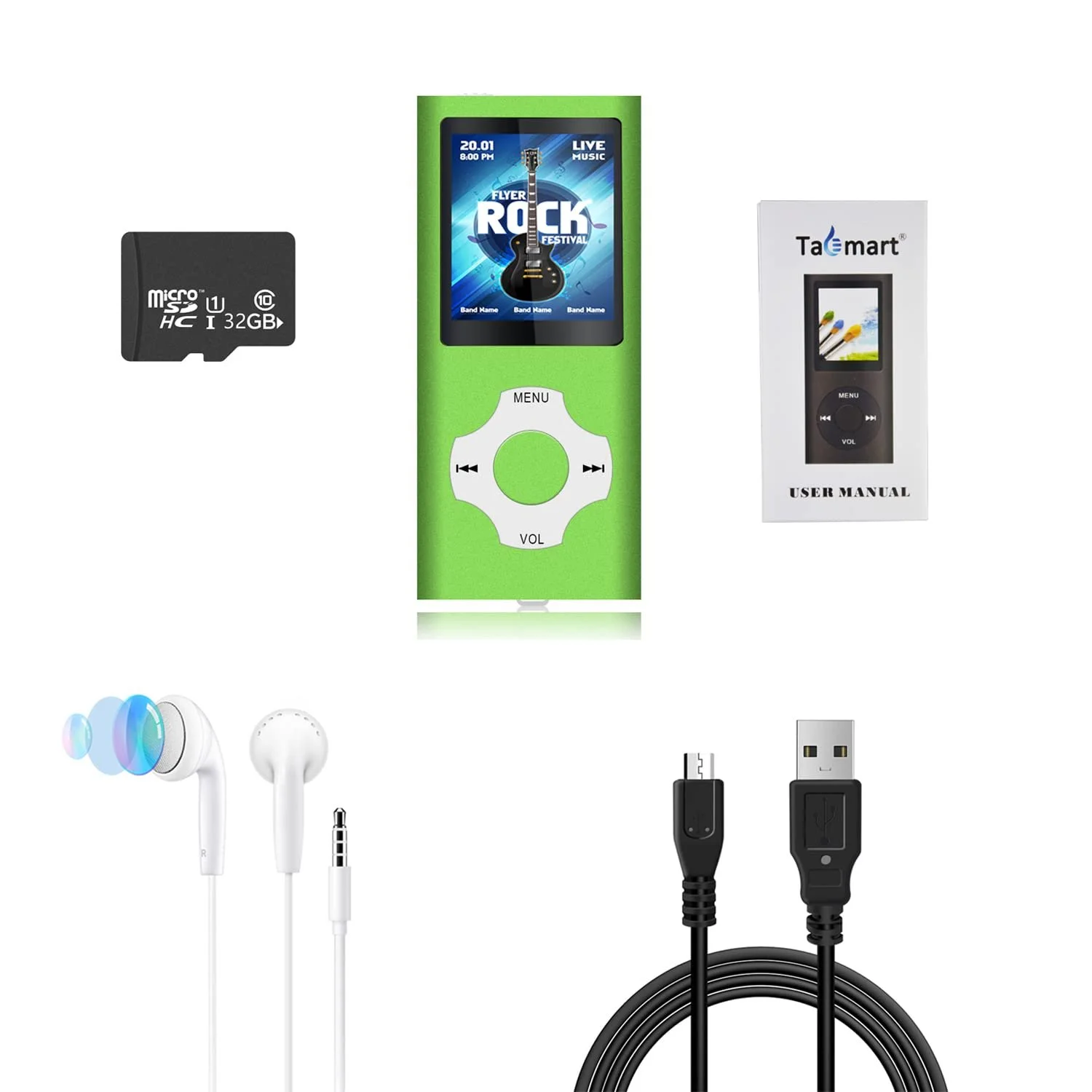 MP3 плеер Tabmart с microSD, FM-радио, электронная книга, встроенный динамик, длительное время работы от батареи, цветной дисплей 1.81 дюйма, зеленый, фото №7
