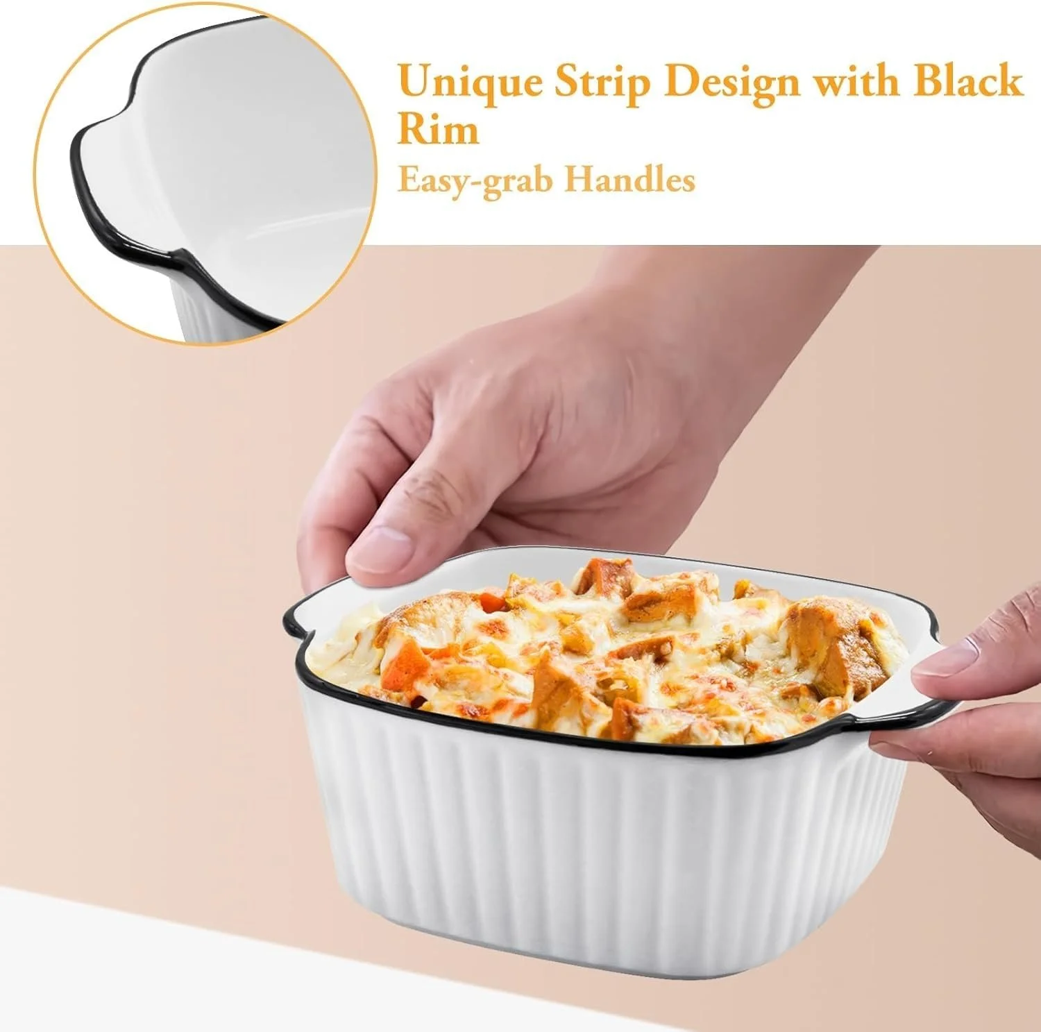 Набор форм для запекания керамических 4 шт. квадратные 14,7 см с ручками черно-белые, фото №3