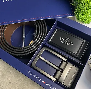 Ремень мужской кожаный брендовый с двумя пряжками в подарочной упаковке Tommy Hilfiger synthetic.ua - Фото 1