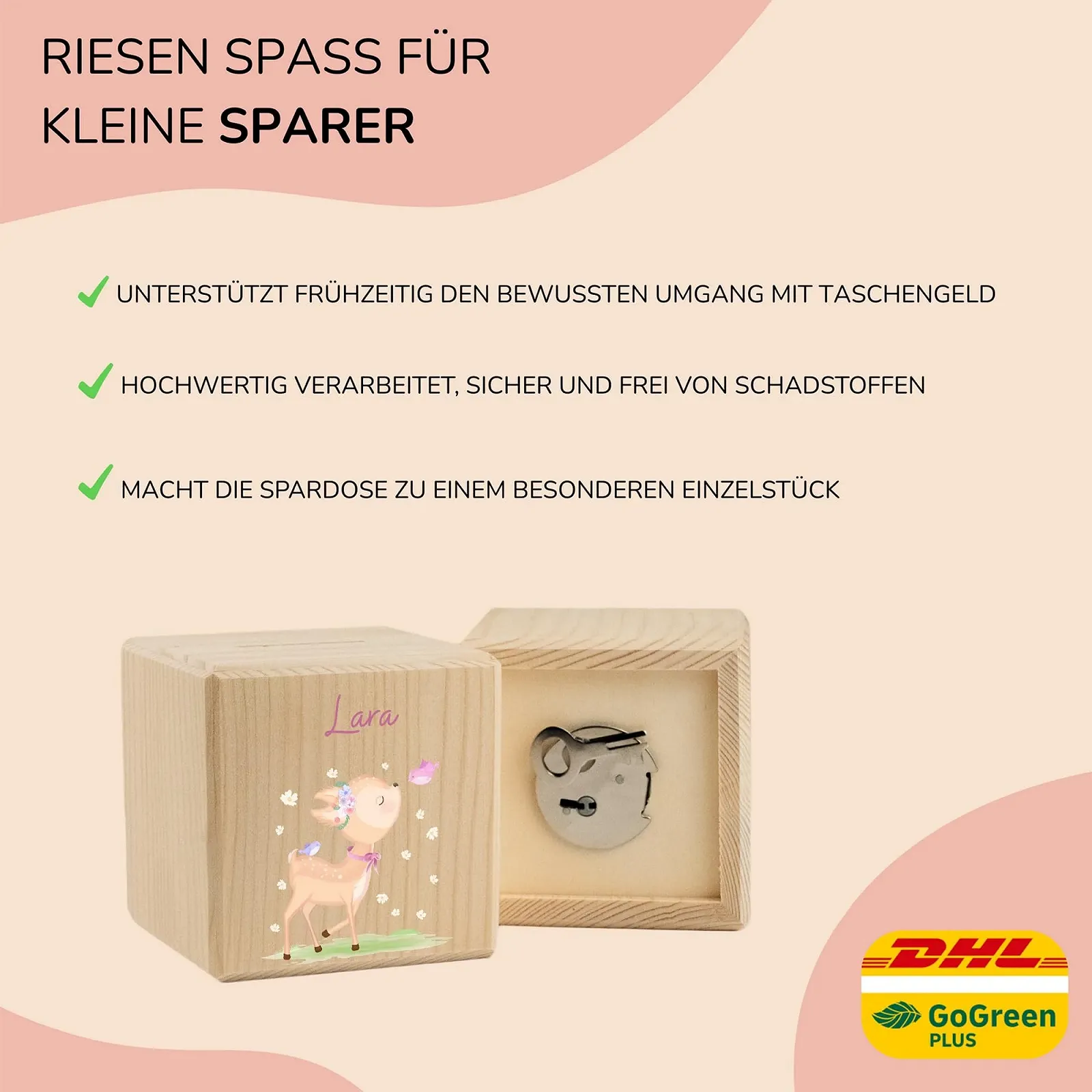 Скарбничка LARIFEE Deer Fawn with Butterfly дерев'яна персоналізована із замком та ключем куб, фото №5