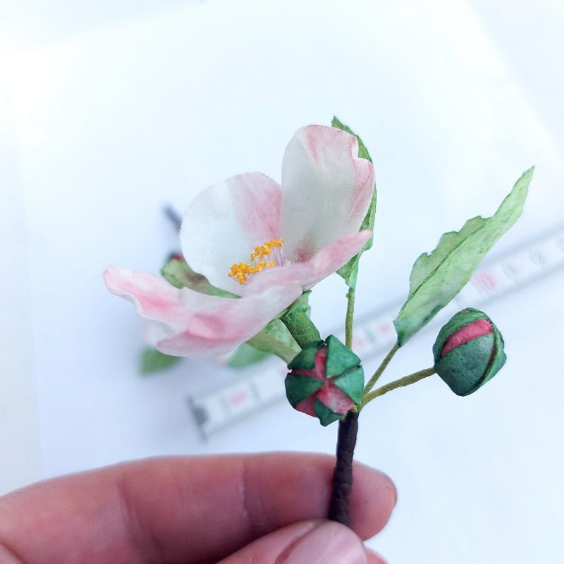 Вафельные цветы SiNegur Декор для торта Цветок яблони из вафельной бумаги. Ветка: 2 бутона, 3 листика, цветок, фото №5