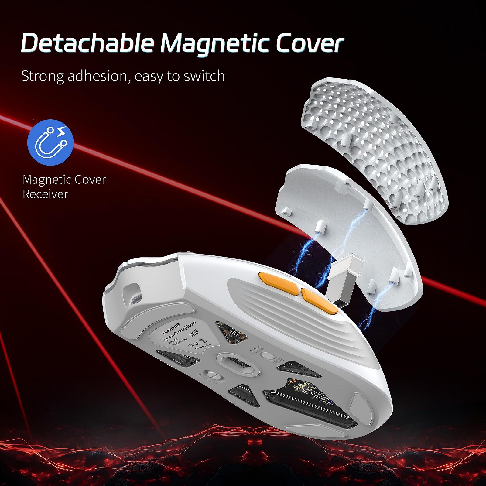 Мышь Беспроводная Игровая Uiosmuph V08 2.4G/Bluetooth/USB C с кабелем, Перезаряжаемая, 6 Программируемых Кнопок, 12000 DPI, Магнитная Крышка Honeycomb, фото №6