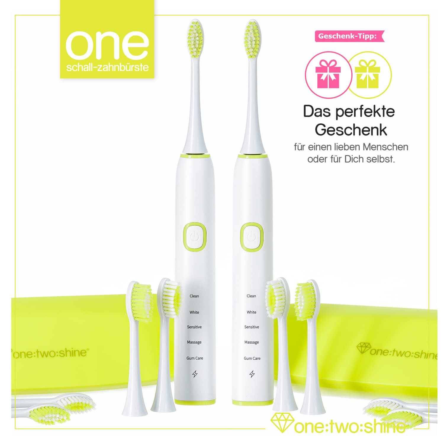 Електрична звукова зубна щітка ONE:TWO:SHINE Twin Pack ONE набір із 2 щіток, 8 змінних насадок, 2 очищувачі язика, 2 дорожні футляри, 2 зарядні станції, 2 блоки живлення, фото №5