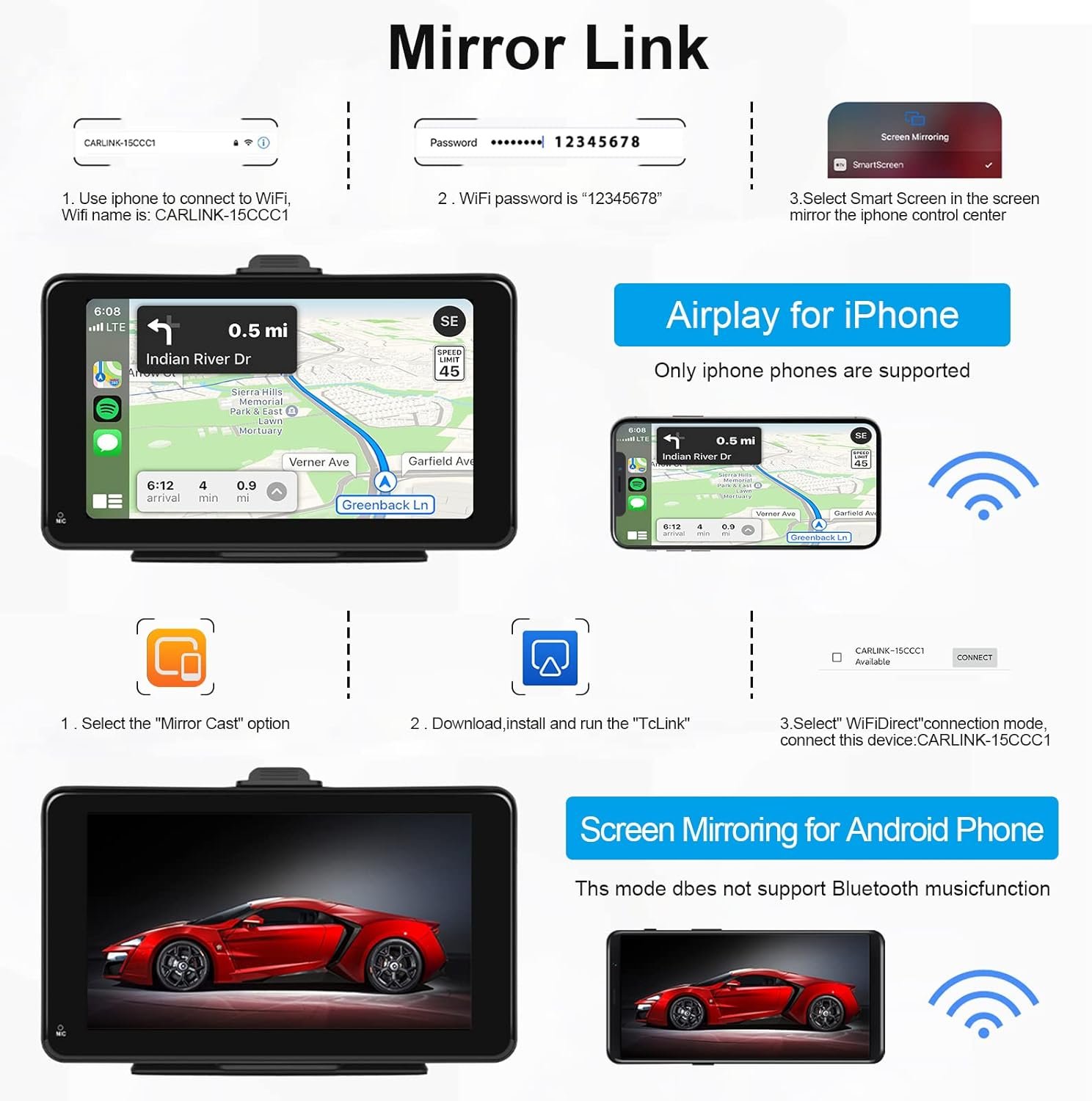 Автомагнітола Podofo SH4AMPOD / 7" / Сенсорна / Apple CarPlay / Android Auto / Wi-Fi / GPS / Bluetooth / USB / AUX, фото №4