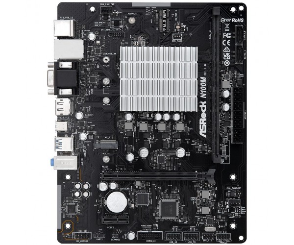 Материнська плата ASRock N100M Quad-Core N100 3.4GHz, 1xDDR4 DIMM VGA/HDMI/DP 1*PCIe, 2xSATAIII M.2, GLan mATX, фото №1