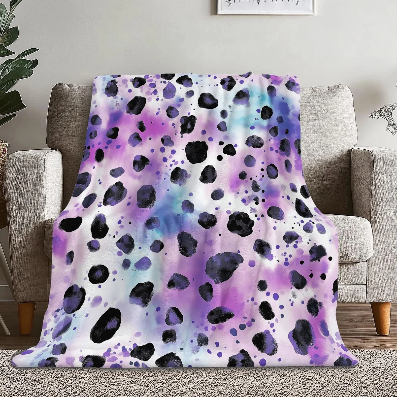 Плед Фланелевый Шерпа Флис 3D Лиловый 130 x 150 см Мягкий Микрофибра Теплый Гостиная Акварельный Узор Звездный Леопард, фото №1