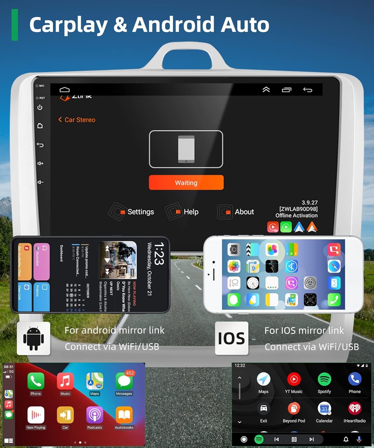 Штатна автомагнітола Hodozzy для Ford Focus 2004-2011 / 9" / Сенсорна / 2/32Гб / Android 13 / Apple CarPlay / Android Auto / Bluetooth / WI-FI / GPS / USB, фото №3
