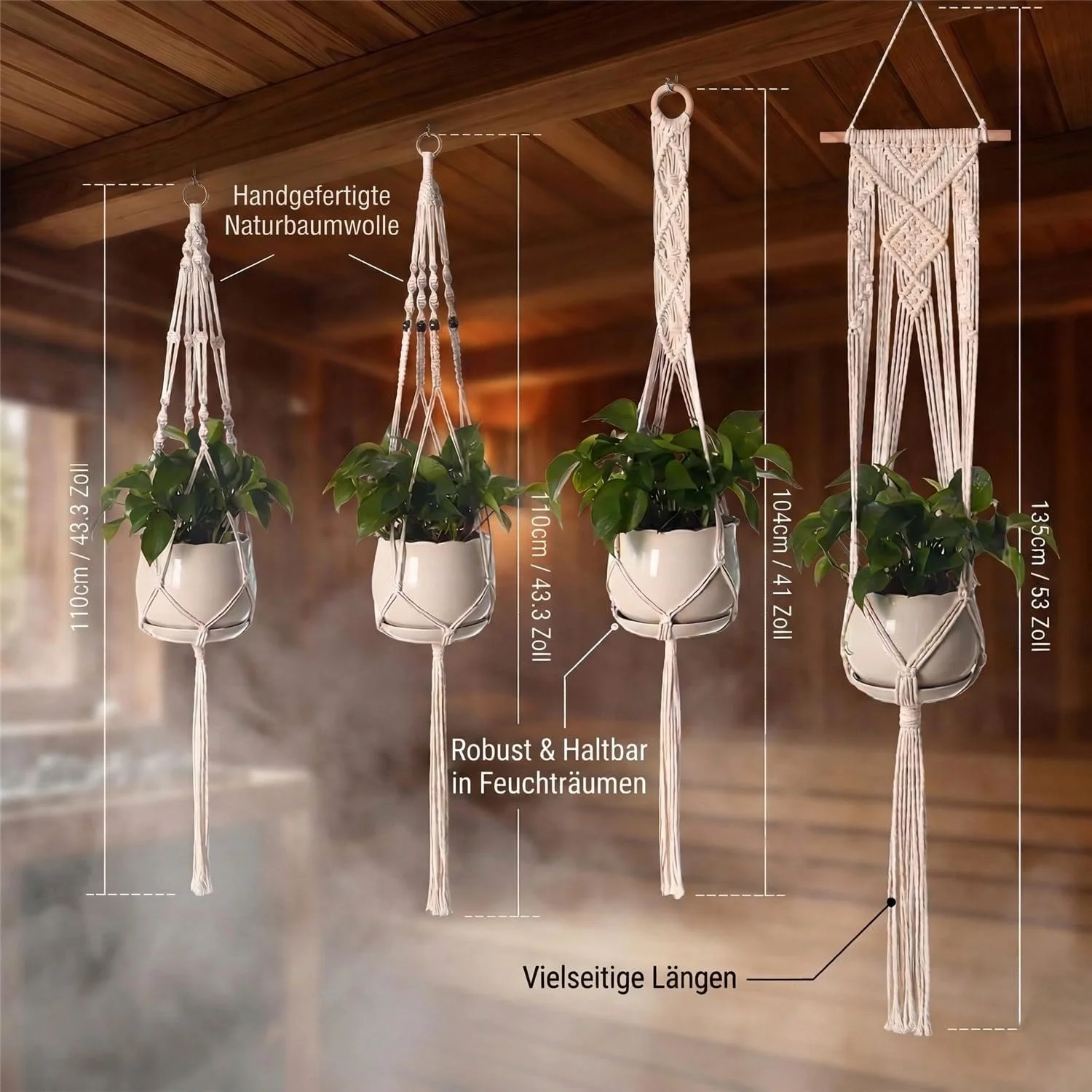 Підвісне кашпо макраме Набір 4 шт. Бавовна 10-25 см Біле, фото №6