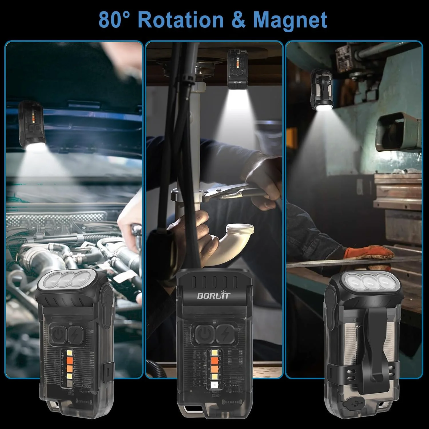 Ліхтар BORUIT V15 LED Перезаряджуваний 1200LM Яскравий Міні Брелок з Магнітом 80 Обертовий 10 Режимів IP67 Водонепроникний Маленький Ліхтарик для Кемпінгу Аварійного Виживання, фото №3