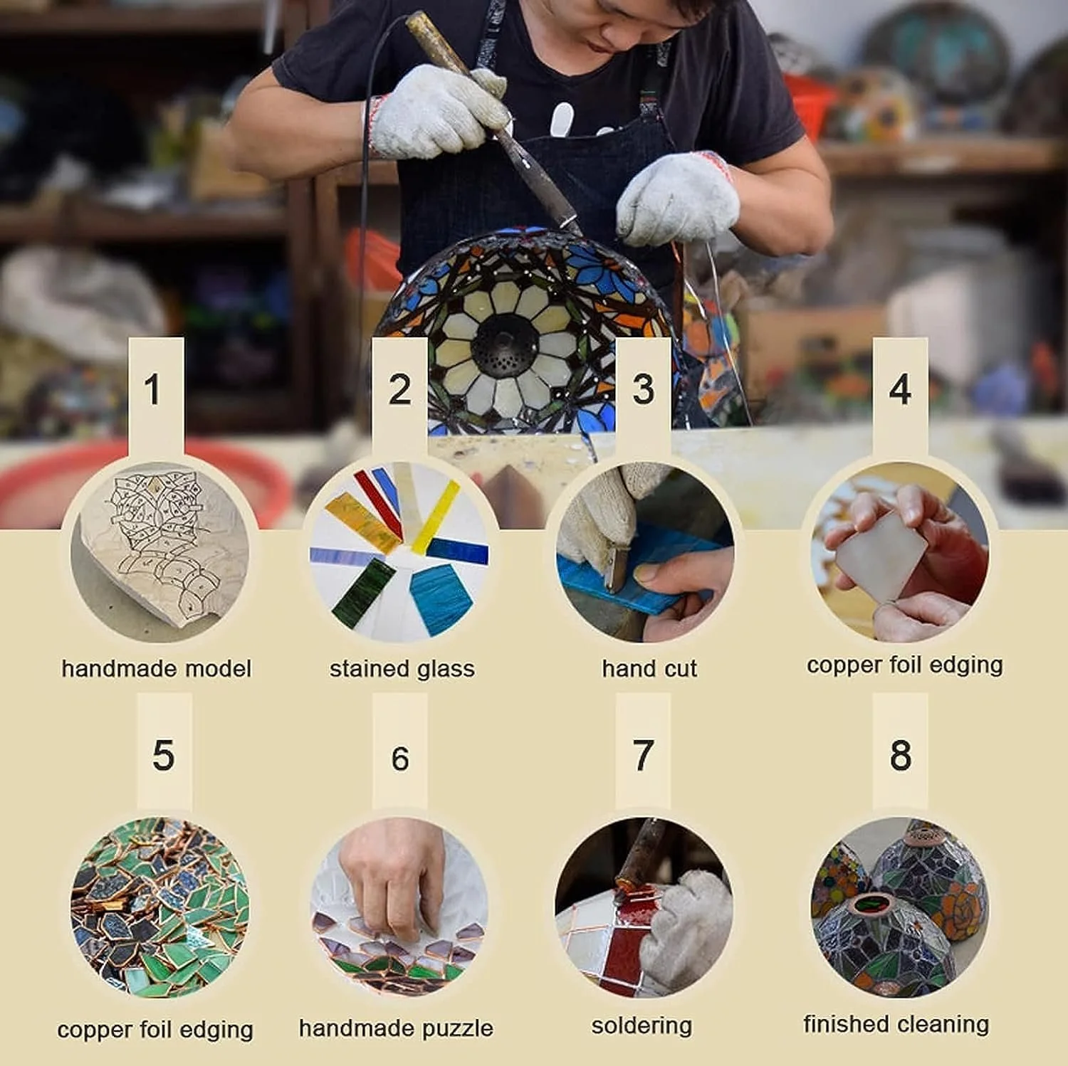 Настільна лампа GDLight Tiffany Pineapple вітражне скло E14 бежева, фото №4