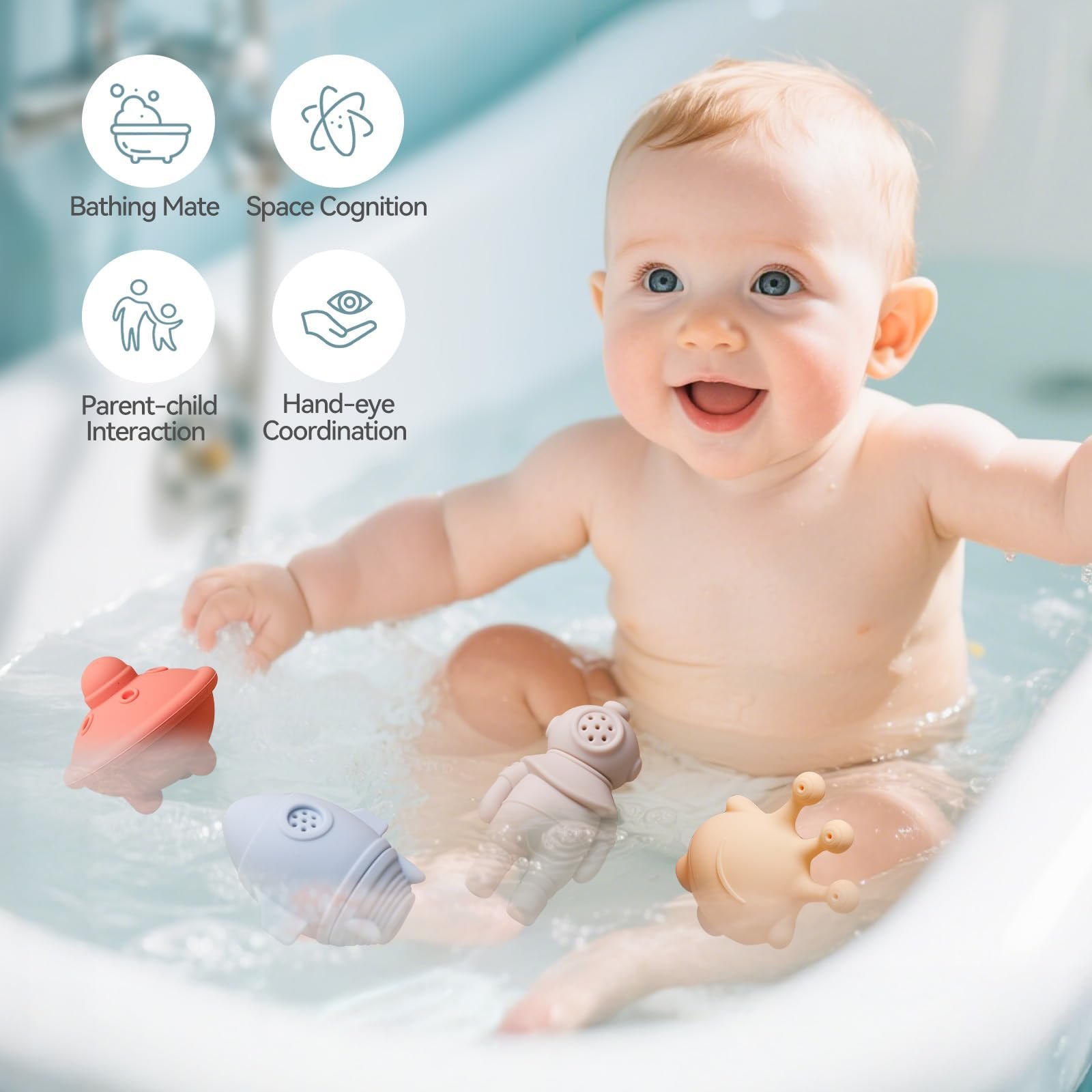 Іграшка для ванни OESSUF Силіконова, 4 штуки: інопланетянин, астронавт, космічний корабель, ракета, фото №4