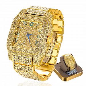 Мужские часы Halukakah Moissanite Diamond Gold - 18 карат, позолоченные/платина, белое золото, римские цифры, квадратный циферблат, тяжелые - 200 г, 3 стороны Iced Out, браслет 24 см - Фото 1