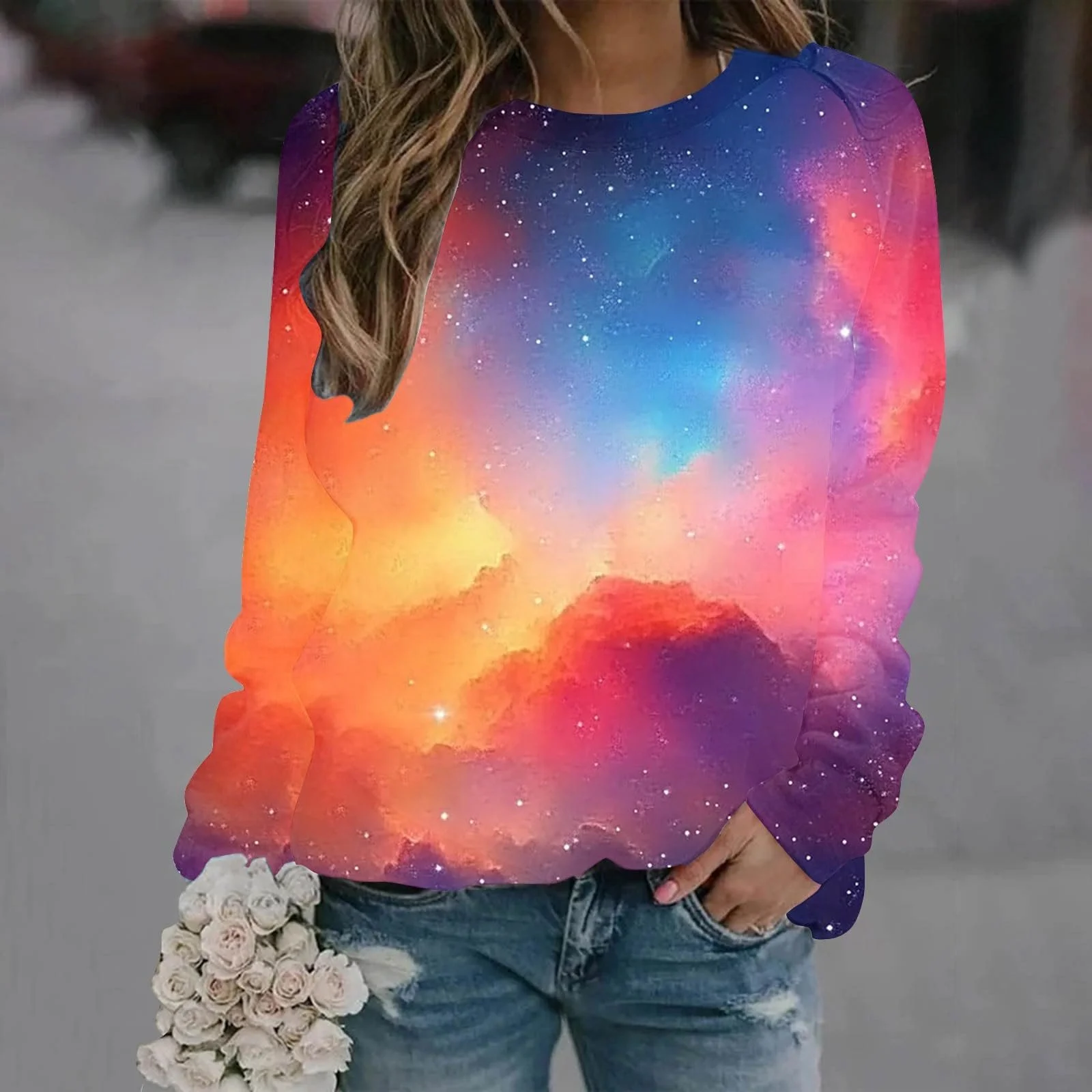 Лонгслив Komiseup Galaxy Женский Лонгслив Круглый вырез Толстовка без капюшона 3D Галактика Принт Пуловер Модный Звездное небо Лонгшерт Большие размеры Streetwear 21, фото №2