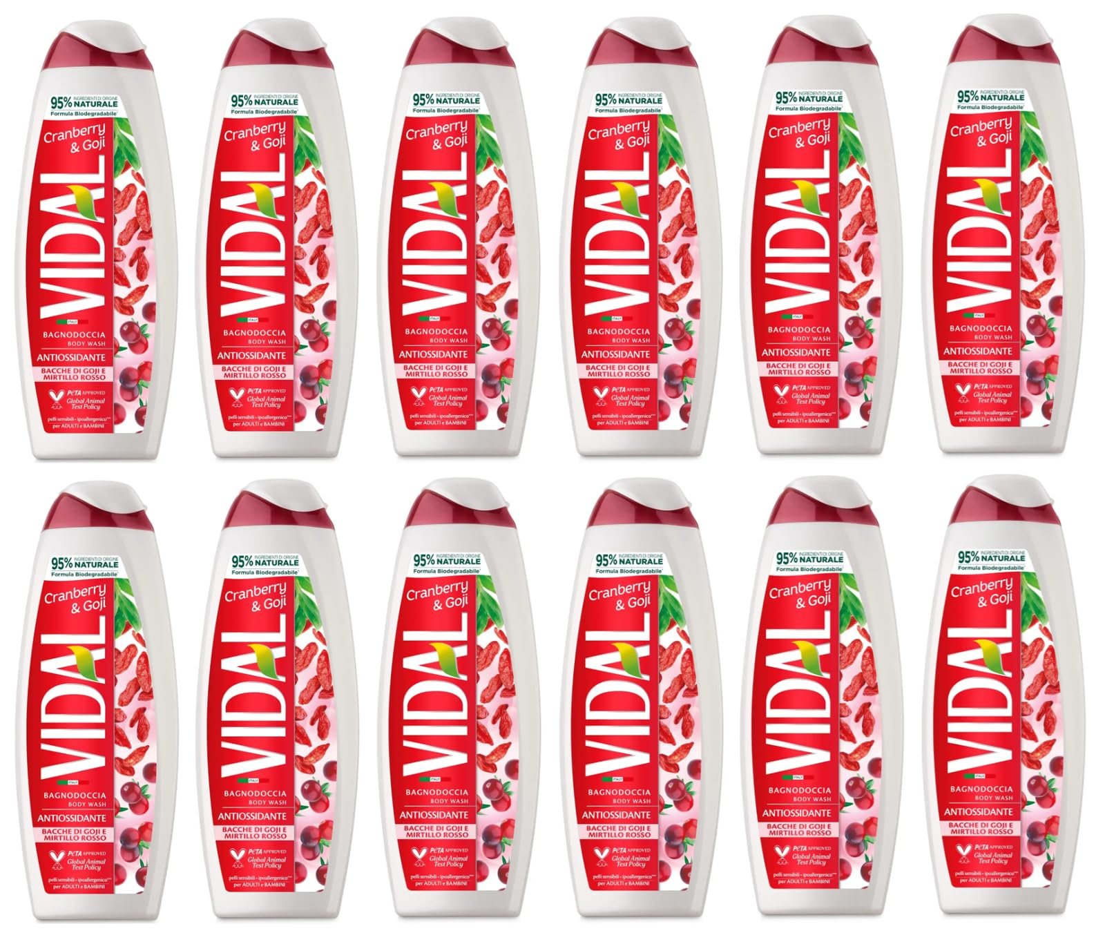 Гель-піна для душу Vidal Bagnodoccia Bacche di Goji e Mirtillo Rosso з ягодами годжі та журавлиною 12 х 500 мл, фото №1