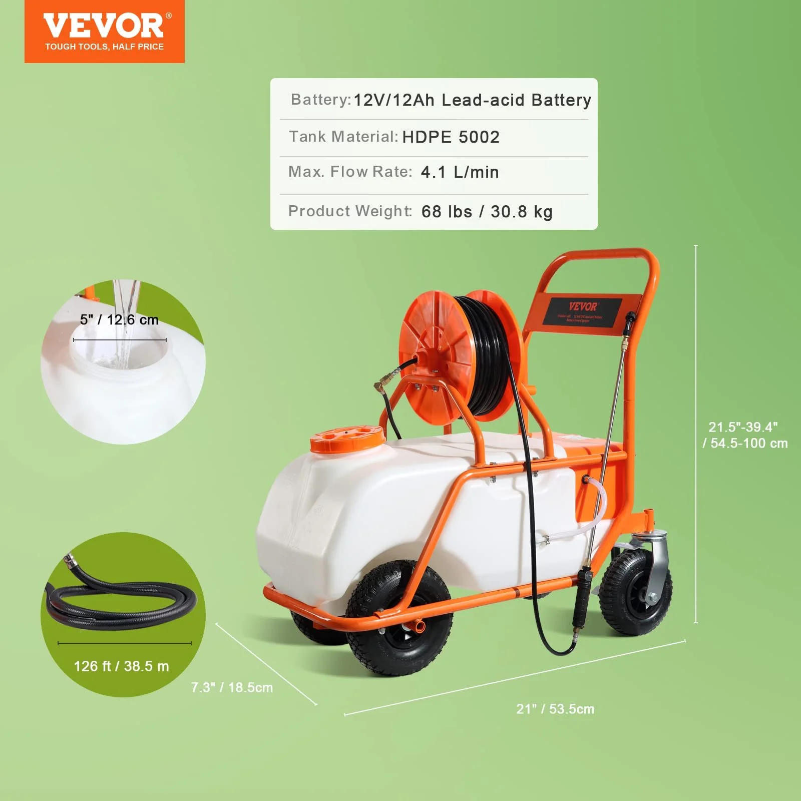 Садовый опрыскиватель на колесах VEVOR 60 л 0-90 PSI 8 форсунок 2 трубки, фото №7
