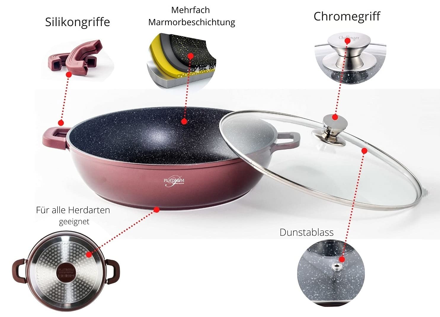 Кастрюля Wok Чугунный Алюминий 24 см Силиконовые Ручки Бордовый, фото №5 Кастрюля Wok Чугунный Алюминий 24 см Силиконовые Ручки Бордовый, фото №5