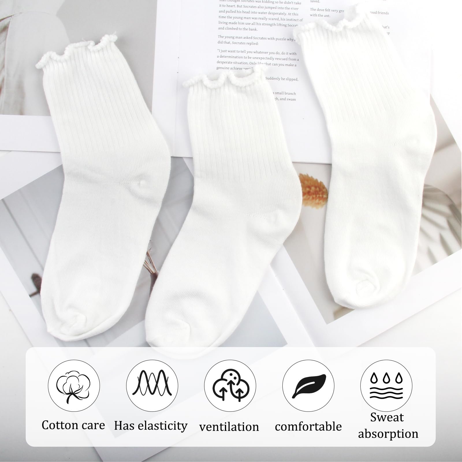 Носки с рюшами Высокой Эластичности Дышащие Хлопковые Женские для обуви Мэри Джейн, балеток, кроссовок (Белый), 10 пар, Белый, фото №7