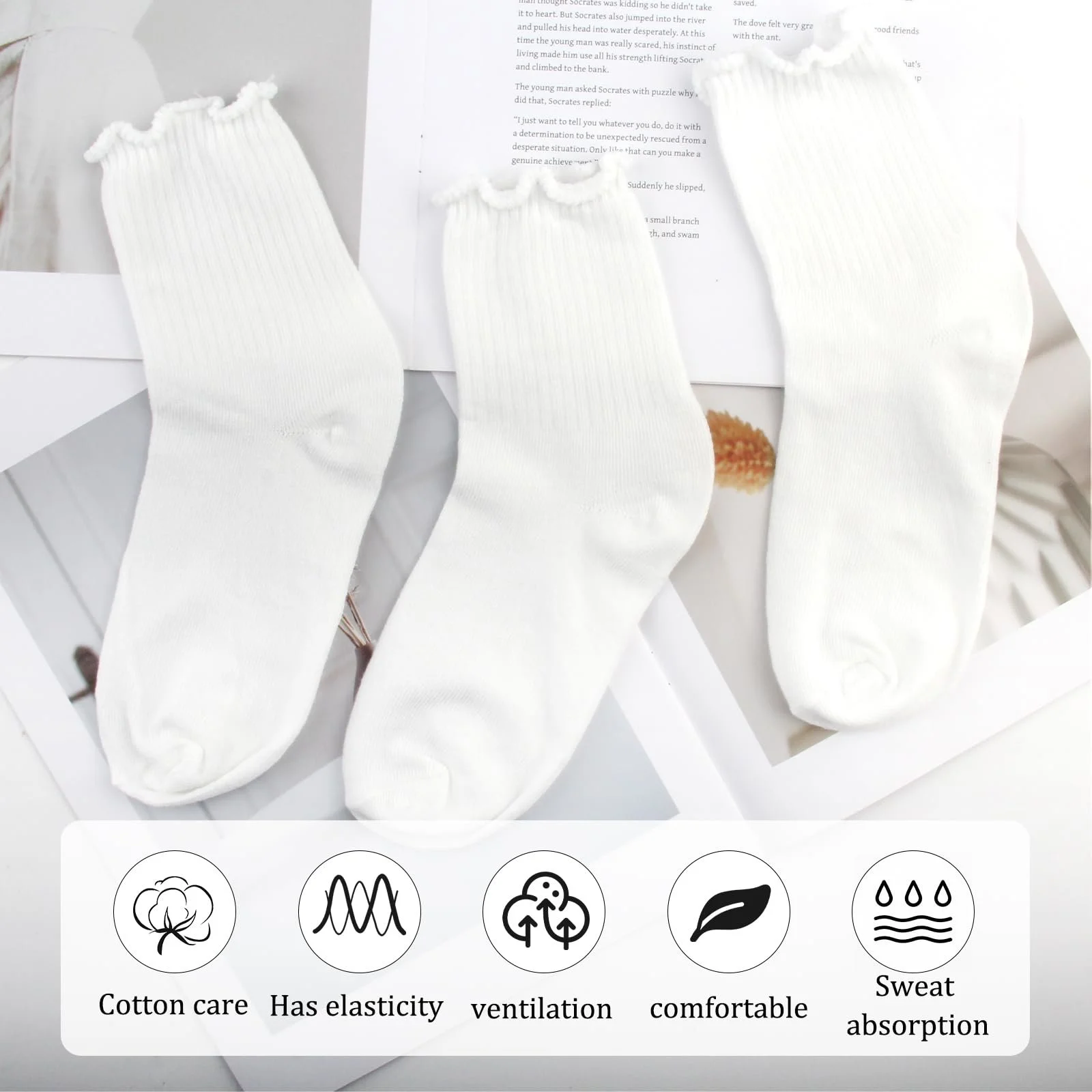 Носки с рюшами Высокой Эластичности Дышащие Хлопковые Женские для обуви Мэри Джейн, балеток, кроссовок (Белый), 10 пар, Белый, фото №7