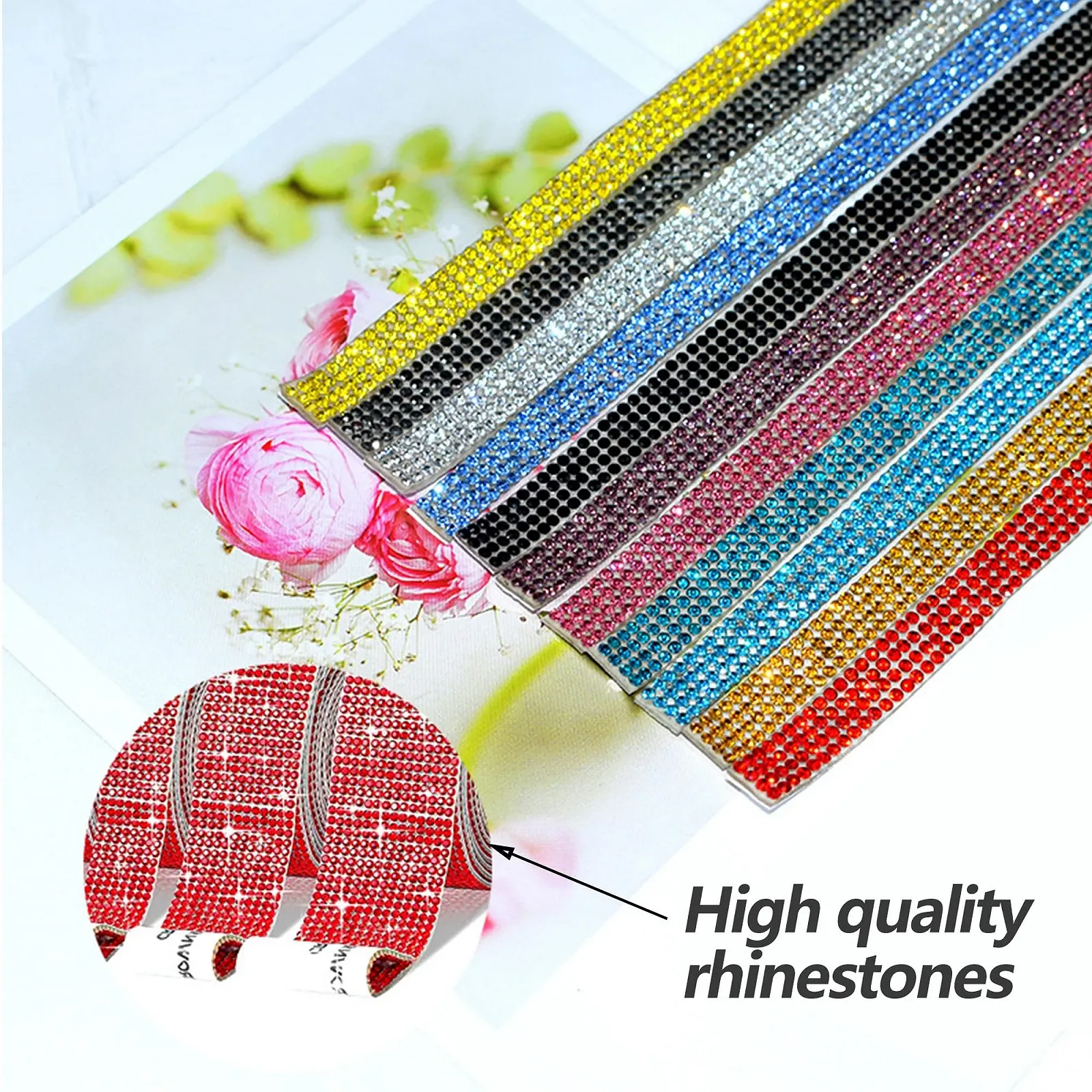 Самоклеюча стрічка зі стразами Кристал Діамант 9 мм, 12 рулонів, різні кольори, фото №7