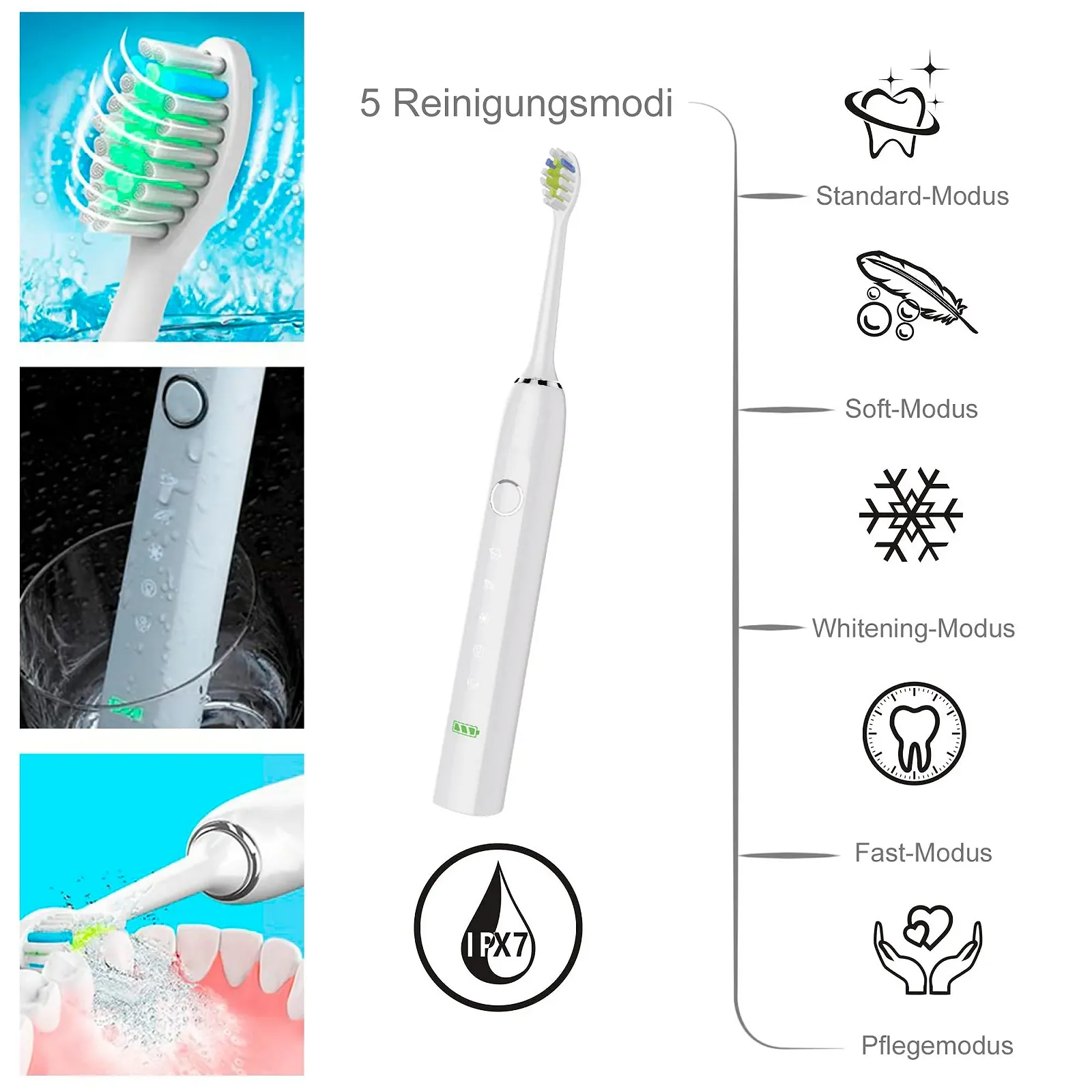 Электрическая звуковая зубная щетка @tec Ultralight Clean Flow 5 режимов 38000 вибраций/мин 100 дней автономной работы IPX7 USB, фото №7