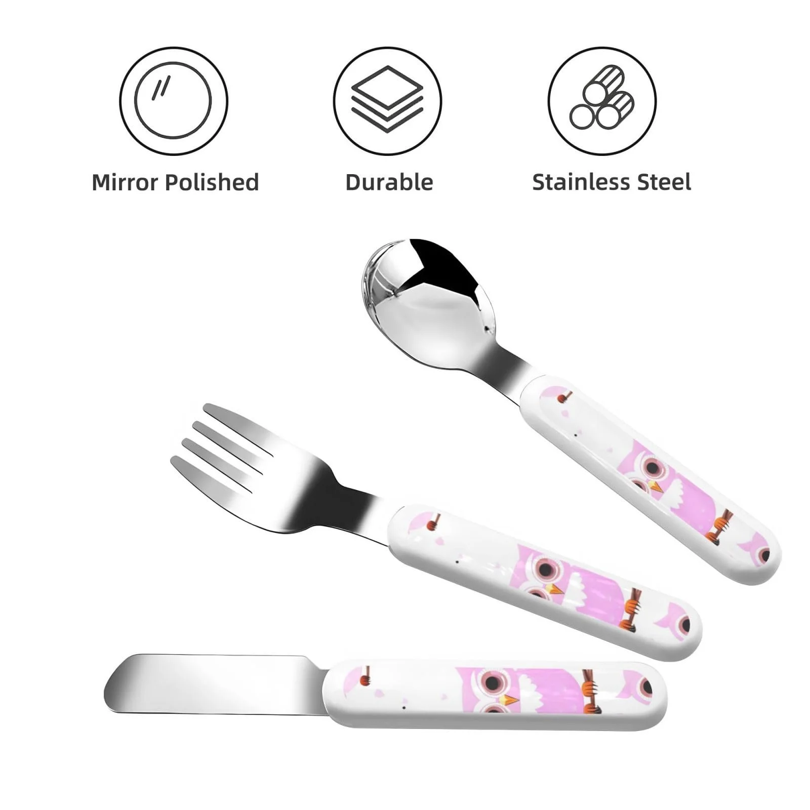 Набір дитячих столових приборів з трьох предметів з принтом милої сови багаторазовий, фото №2 Набір дитячих столових приборів з трьох предметів з принтом милої сови багаторазовий, фото №2