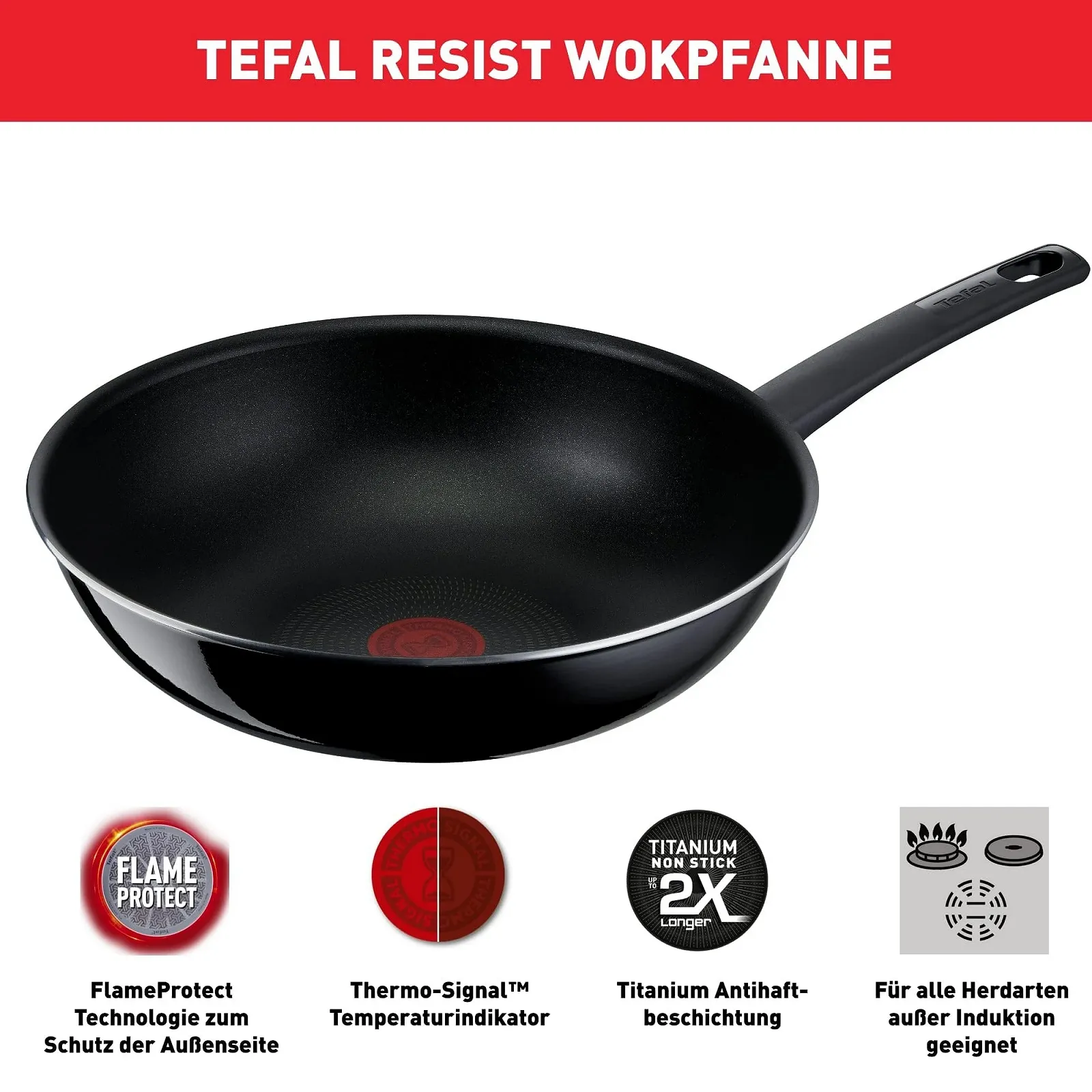 Сковорода-Wok Tefal Resist D52619 28 см, антипригарное покрытие Safe Titanium, индикатор температуры Thermal Signal, технология Flame Protect, черный, фото №4