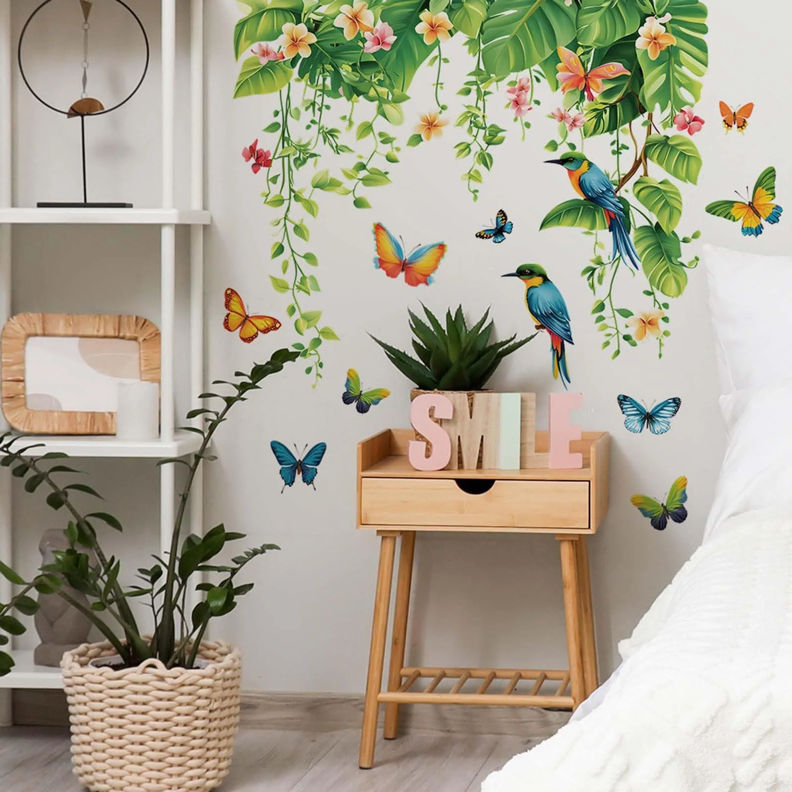 Настенная наклейка Листья и растения Зеленые тропические листья Цветы Птицы Бабочки, фото №5