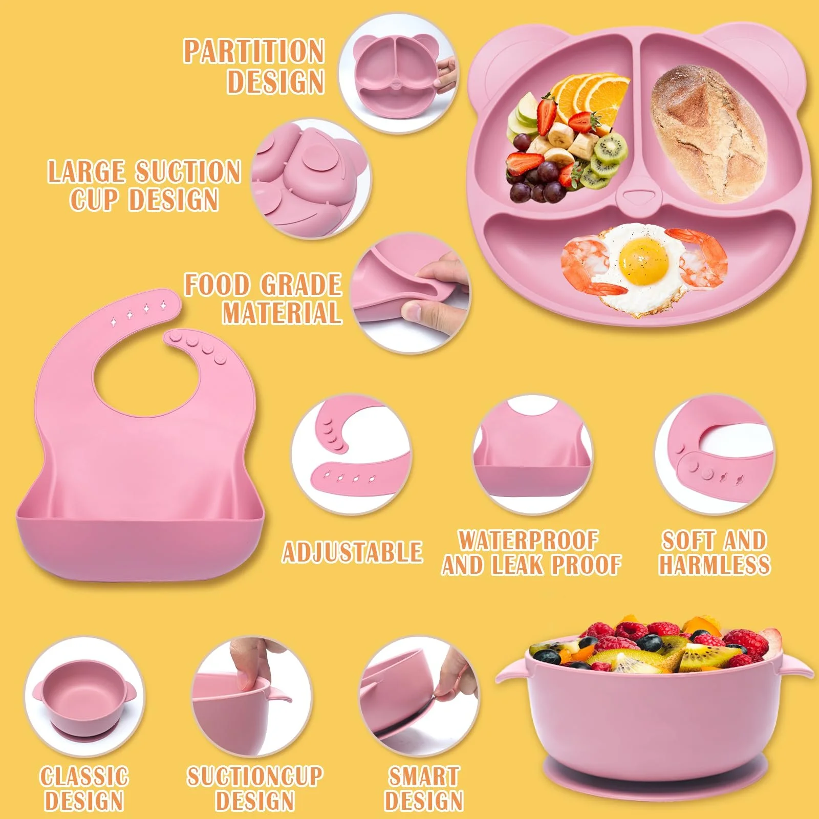 Набір дитячого посуду Kinyoda 10 предметів, силікон, рожевий, фото №3 Набір дитячого посуду Kinyoda 10 предметів, силікон, рожевий, фото №3