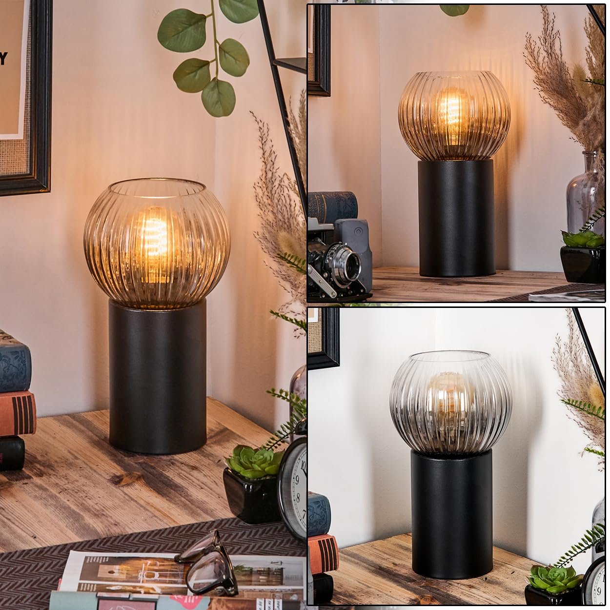 Настільна лампа HOFSTEIN Koyoto метал / ребристе скло Чорний/Димчастий/Прозорий, фото №1